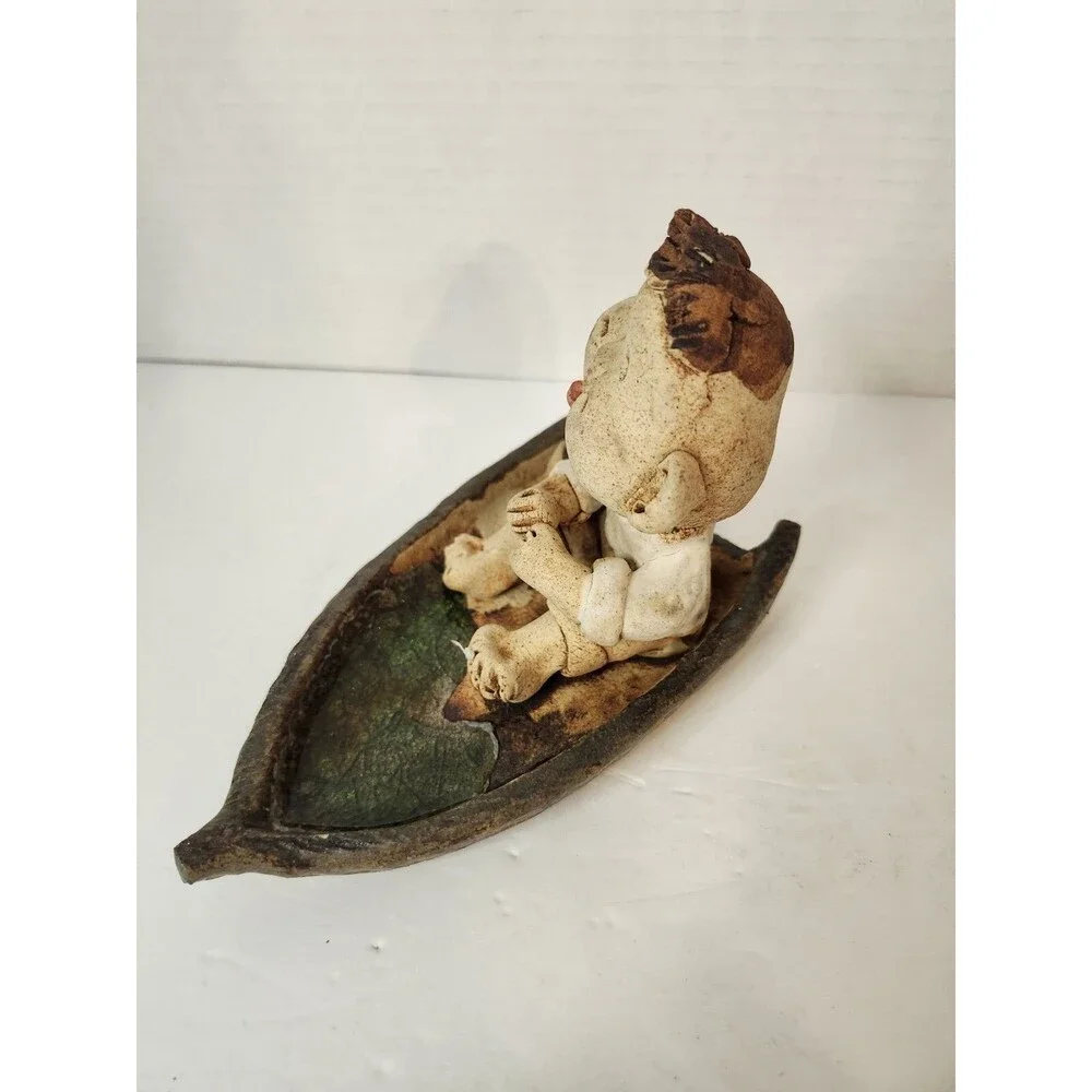Vintage Korean Clay Pottery Figurine Boy Fishing